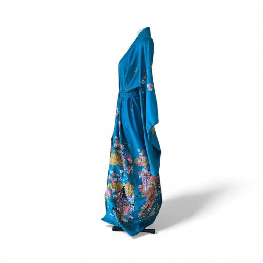 Smithsonian Turquoise Floral Kimono Robe 100% Cotton Women’s Size M Japan - Picture 4 of 11
